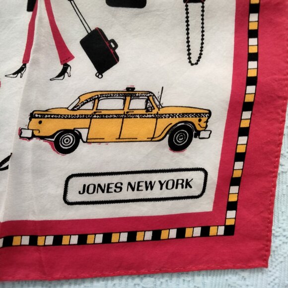 VTG JONES NEW YORK Red & White Square 20" Scarf w/ Yellow Taxi Travel Print - Picture 3 of 11
